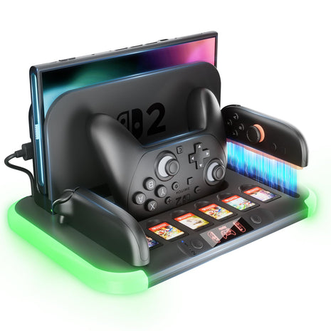 HEYSTOP Switch 2 Charging Dock Heat Dissipation Station, Pro Controller Charger for Nintendo Switch 2 Pro Controller and Joy Cons,with RGB,Game Card Slot*6,Cooling Fan,Fast-Magnetic Charge Storage