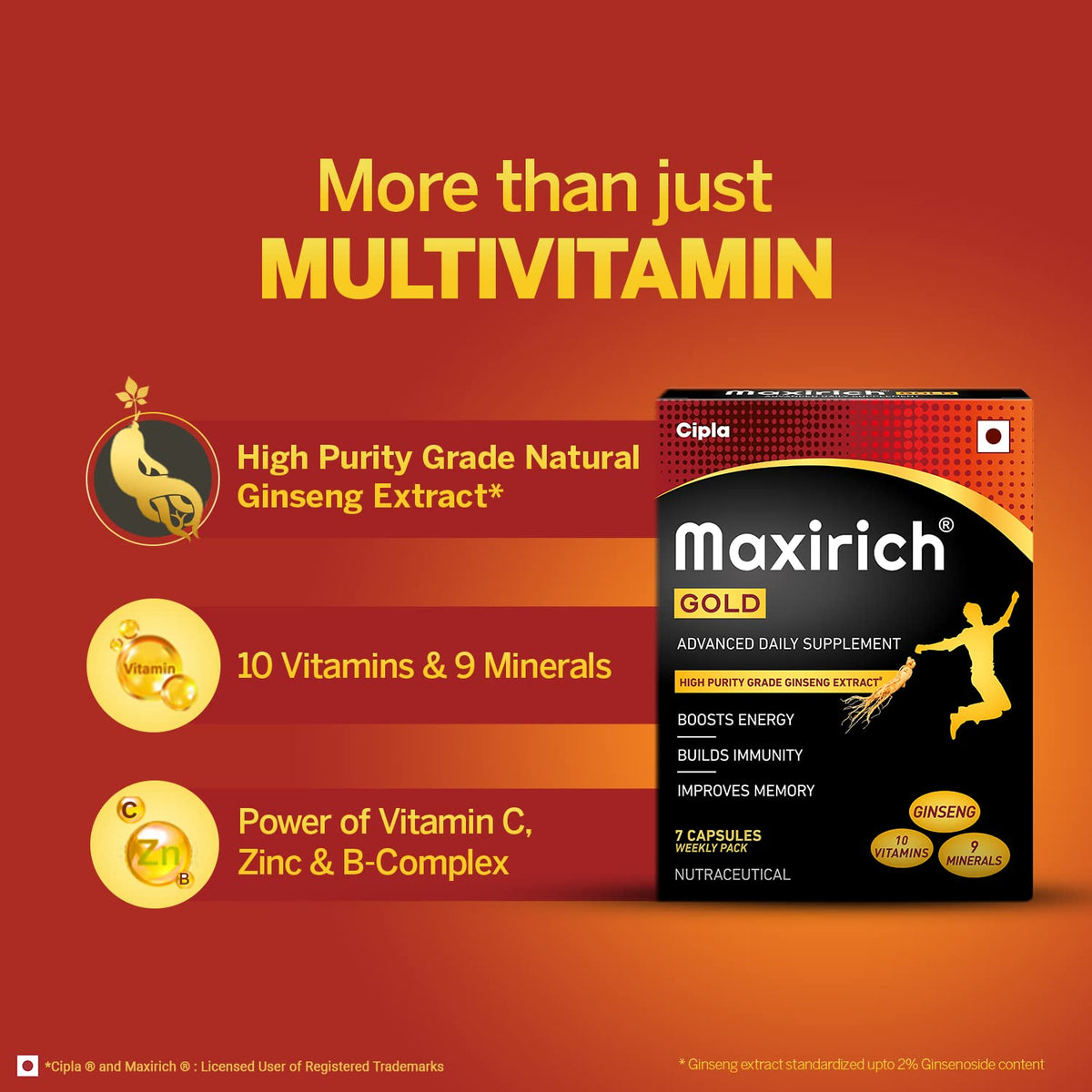 Cipla Maxirich Gold Daily Multivitamin (21 Softgels) with high purity grade Ginseng Extract*, 10 Vitamins and 9 Minerals | Boosts Energy & Immunity | Reduces Fatigue | Helps Improve Mental Alertness