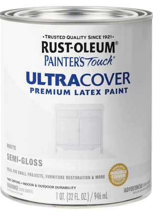Rust-Oleum Painter's Touch Latex Brush-On Paint, Semi-Gloss White | Interior/Exterior Durability, Multi Surface (Metal, Wood and More), Fast Dry, Chip and Fade Resistant, Quart