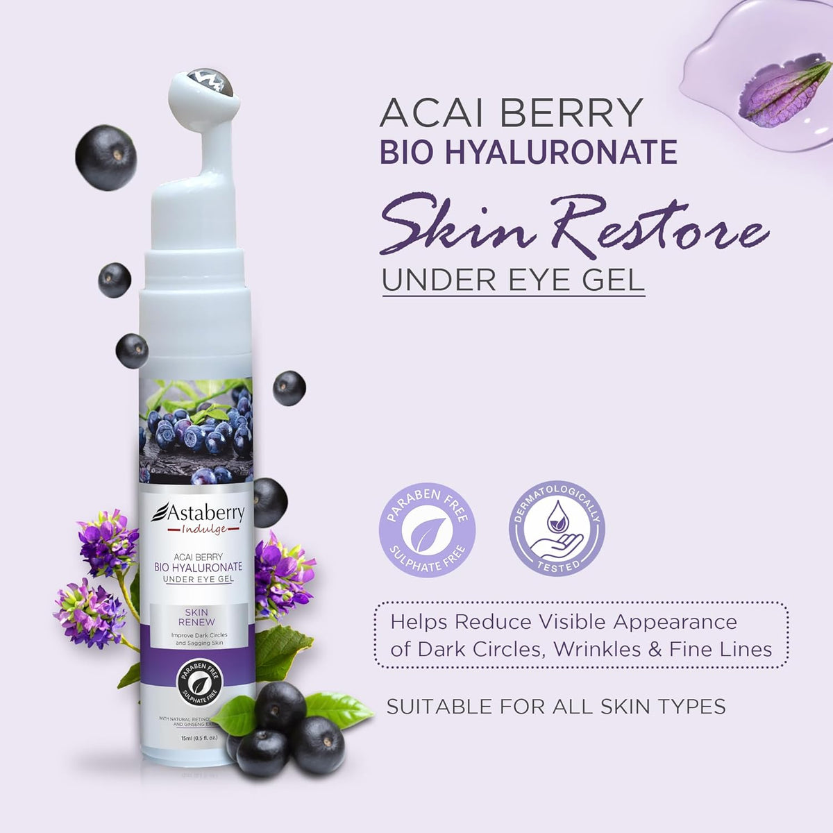 Astaberry Indulge Acai Berry Bio Hyaluronate Under Eye Gel 15ml Helps Reduce Visible Appearance of Dark Circles Wrinkles and Fine Lines | Hydrates