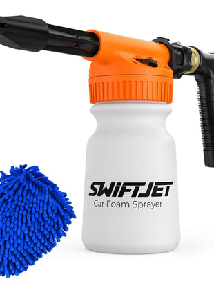 SwiftJet Car Wash Foam Gun + Microfiber Wash Mitt - Foam Cannon Works with Any Soap - Garden Hose Car Foam Sprayer - Car Wash Kit - Car Accessories Foam Blaster (Orange Foam Gun with Mitt)
