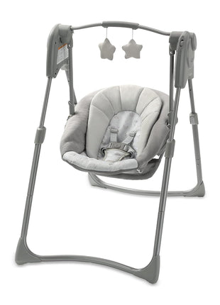 Graco Slim Spaces Compact Baby Swing, Space Saving Portable Bay Swing with Height Adjustable Legs & Soft Toys, Reign