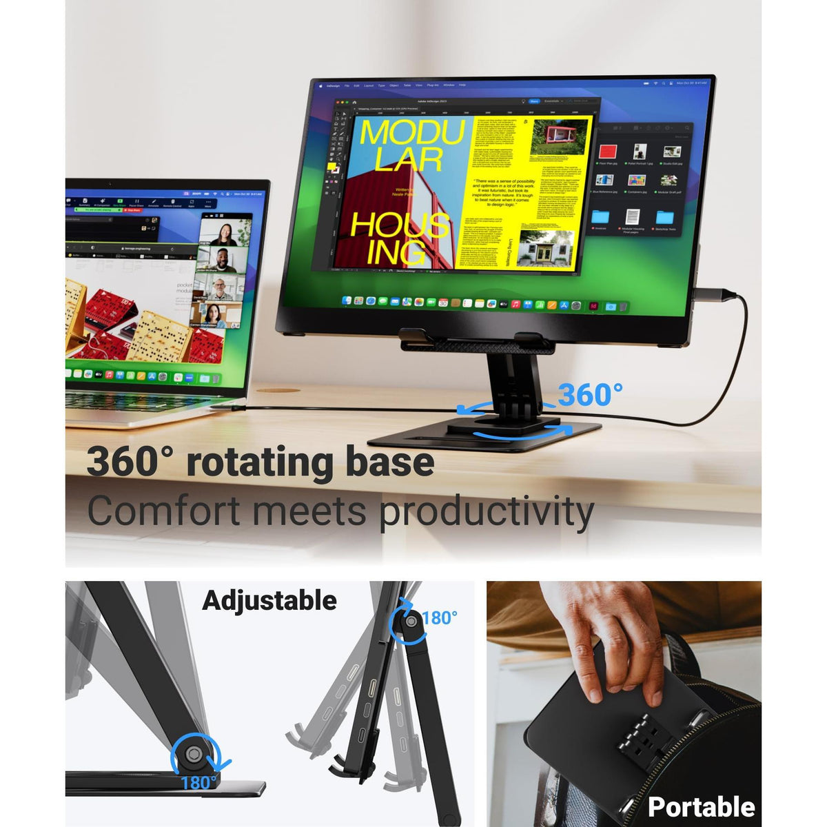 Ingnok Portable Monitor, Ultra Slim 15.6 Inch FHD IPS Laptop Screen Extender with Adjustable Stand, USB C Compatible, Ideal for Travel and Office