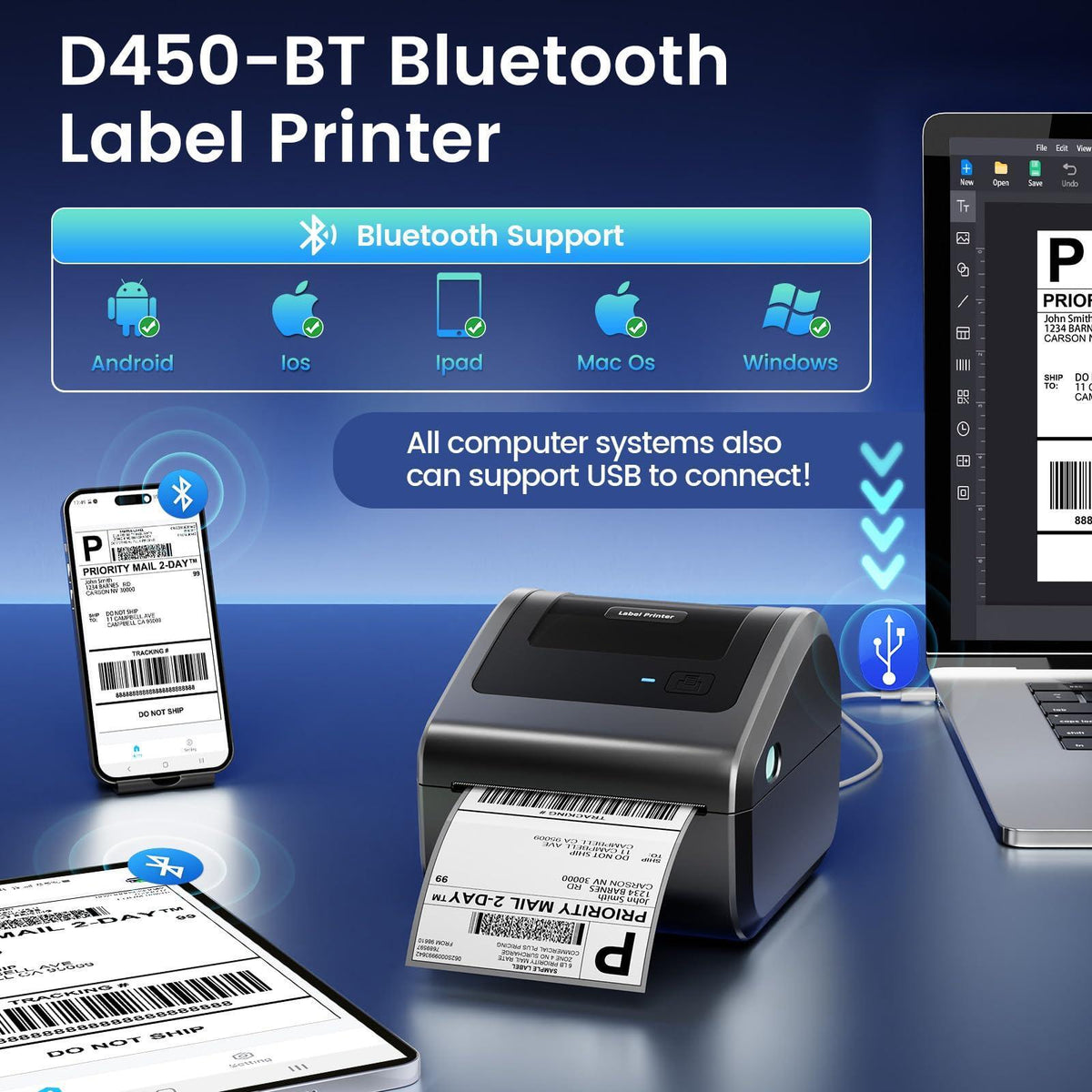 Omezizy Bluetooth Shipping Label Printer 4x6 - D450BT Thermal Label Printer for Shipping Packages, Small Business, Home, Office, Compatible with Amazon, Ebay, Etsy, USPS