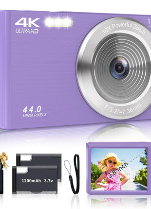 Digital Camera, FHD 4K Digital Camera for Kids Purple with 64GB SD Card 16X Digital Zoom, Cameras for Photography Compact Point and Shoot Camera for Teen Boys Girls Kids Autofocus Camera Digital