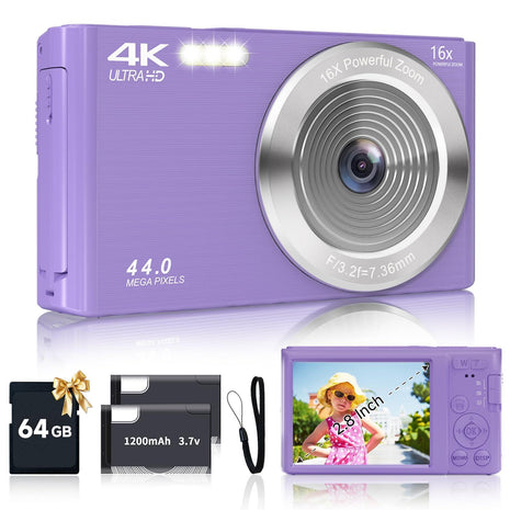 Digital Camera, FHD 4K Digital Camera for Kids Purple with 64GB SD Card 16X Digital Zoom, Cameras for Photography Compact Point and Shoot Camera for Teen Boys Girls Kids Autofocus Camera Digital