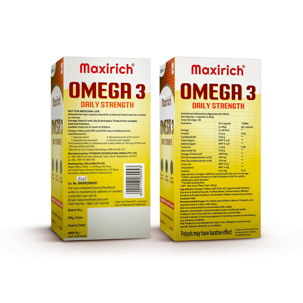 Cipla Maxirich Omega 3 | Daily Strength Capsule | EPA 180mg | DHA 120mg | Immune Booster Capsules | Daily Multiple Vitamins | Supports Heart, Eye, Joint & Brain Health | 60 Capsules