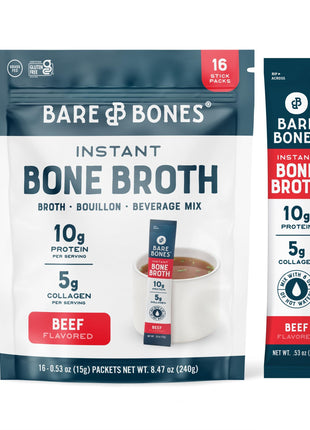 Bare Bones Beef Bone Broth Instant Powdered Mix Packets | 5g Collagen | 10g Protein | Keto & Paleo Friendly | No Artificial Flavors | Rich Savory on-the-go 16 Pack