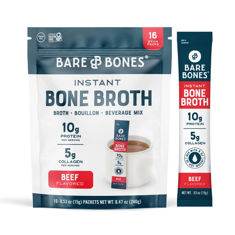 Bare Bones Beef Bone Broth Instant Powdered Mix Packets | 5g Collagen | 10g Protein | Keto & Paleo Friendly | No Artificial Flavors | Rich Savory on-the-go 16 Pack