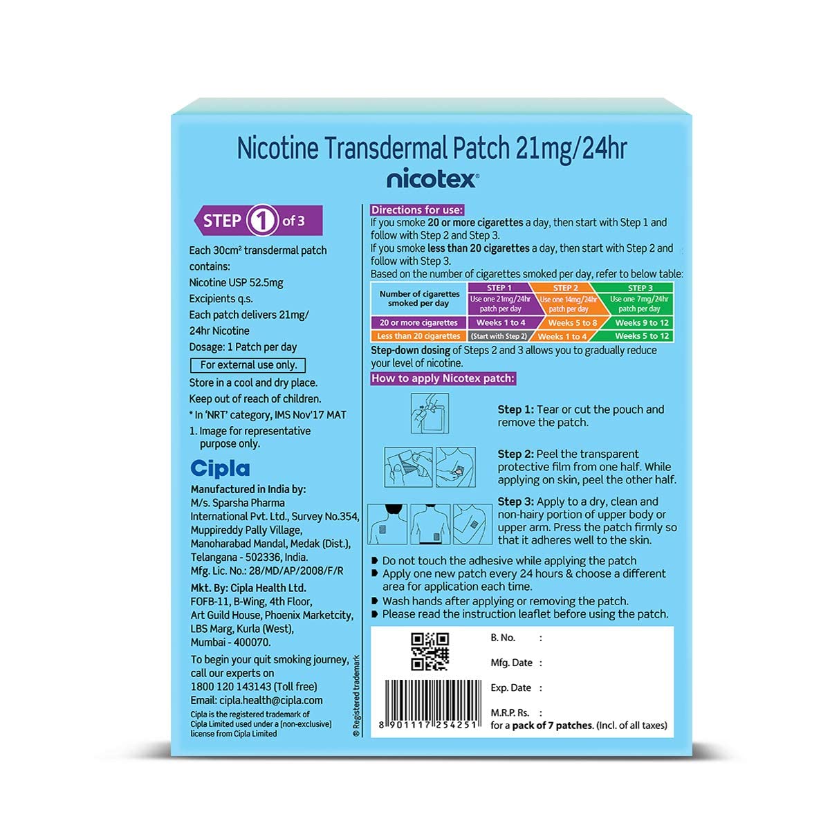 Cipla Nicotex Nicotine Transdermal Patch | Helps to Quit Smoking | WHO - Approved Therapy | 7 Patches (Step 1-21mg)