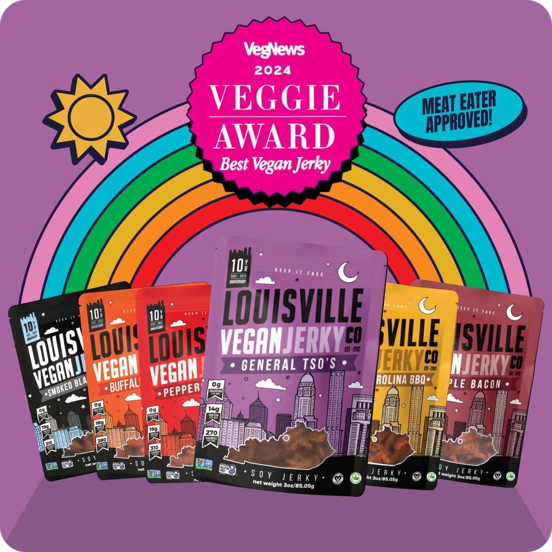 Louisville Vegan Jerky - General Tso’s Vegan and Vegetarian Meat - Lip-Smacking Vegan-Friendly & Vegetarian Jerky - Non-GMO 14 Grams Soy Protein, Gluten-Free Low Fat High Protein Vegan Snacks - 3 oz, 3 Pack