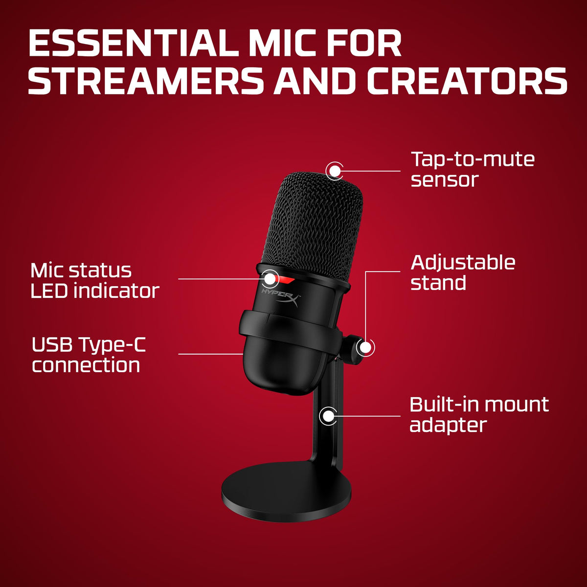 HyperX SoloCast – USB Condenser Gaming Microphone, for PC, PS4, PS5 and Mac, Tap-to-Mute Sensor, Cardioid Polar Pattern, great for Streaming, Podcasts, Twitch, YouTube, Discord,Black