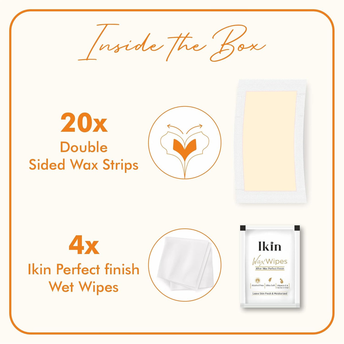 Ikin Instant Wax Strip With Papaya&Lemon Extract For Women Normal Skin-20 Strips Long Lasting Soft&Smooth Skin Cold Gel Wax Hair Removal Upto 4 Weeks Of Smoothness With 4 Perfect Wipes,20 Count