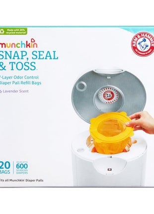 Munchkin Arm & Hammer Diaper Pail Refill Bags, Snap, Seal, Toss Disposable Diaper Trash Bags, Lavender Scented, 20 Pack, Holds up to 600 Newborn Diapers