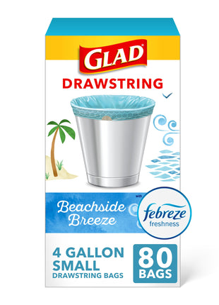 Glad Small Trash Bags 4 Gallon, Febreze Beachside Breeze Garbage Bags, Odor Resistant with Drawstring, 80 Count