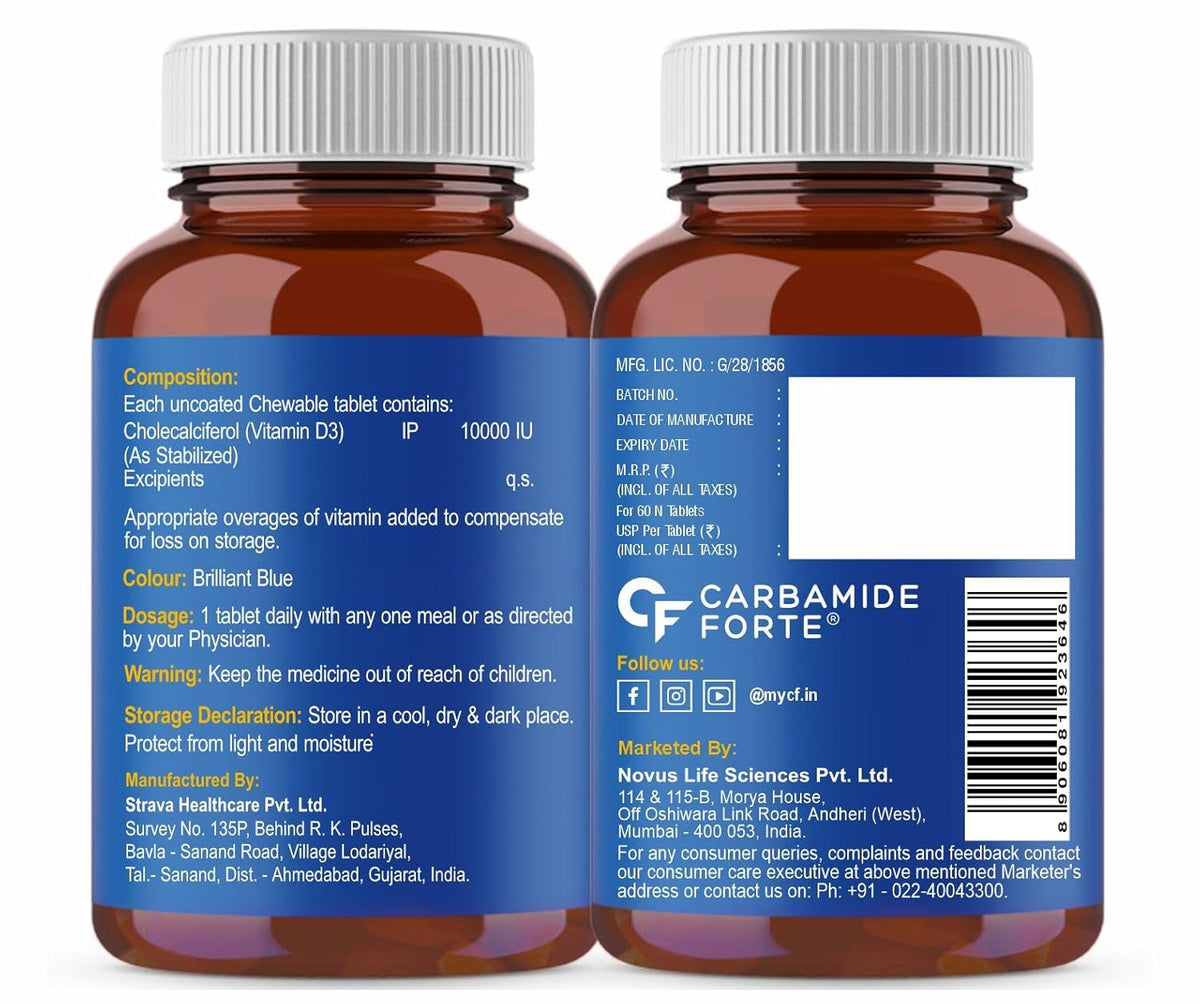 Carbamide Forte Vitamin d3 10000iu | Chewable Vitamin D Tablets | D3 Supplement for Bone & Immunity | Vitamin D3 Supplement for Women & Men | Orange Flavour - 60 Tablets