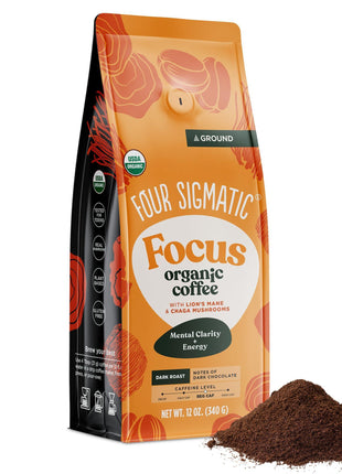 Four Sigmatic Organic Focus Mushroom Ground Coffee | Dark Roast, Organic Coffee with Lion's Mane & Chaga Mushroom for Mental Clarity & Energy Support | 12oz Bag