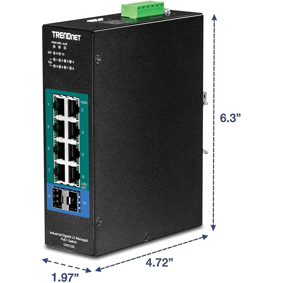 TRENDnet 10-Port Industrial Gigabit L2 Managed PoE+ DIN-Rail Switch, 8 x Gigabit PoE+ Ports, DIN-Rail Mount, 2 x SFP Slots, 24–57V DC Power Input, IP30, VLAN, Lifetime Protection, Black, TI-PG102i