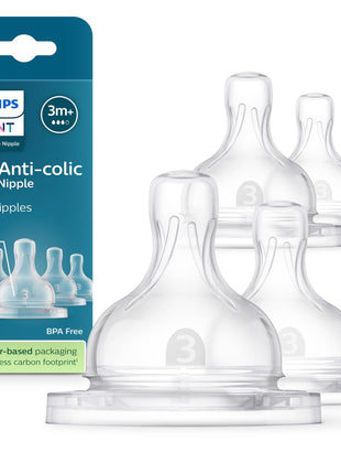 Philips Avent Anti-Colic Nipples, Medium Flow, BPA-Free, 4-Pack | For Ages 3 Month+, Reduces Colic and Gas with Anti-Colic Valve, Secure Latch, Ribbed Collapse-Free Design, SCY763/44