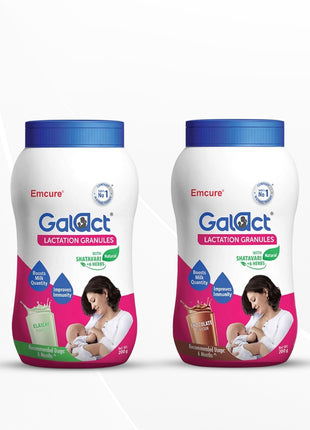 Emcure Galact Granules - Breast Feeding Supplement - Elaichi & Kashmiri Kesar Flavor - 200g each