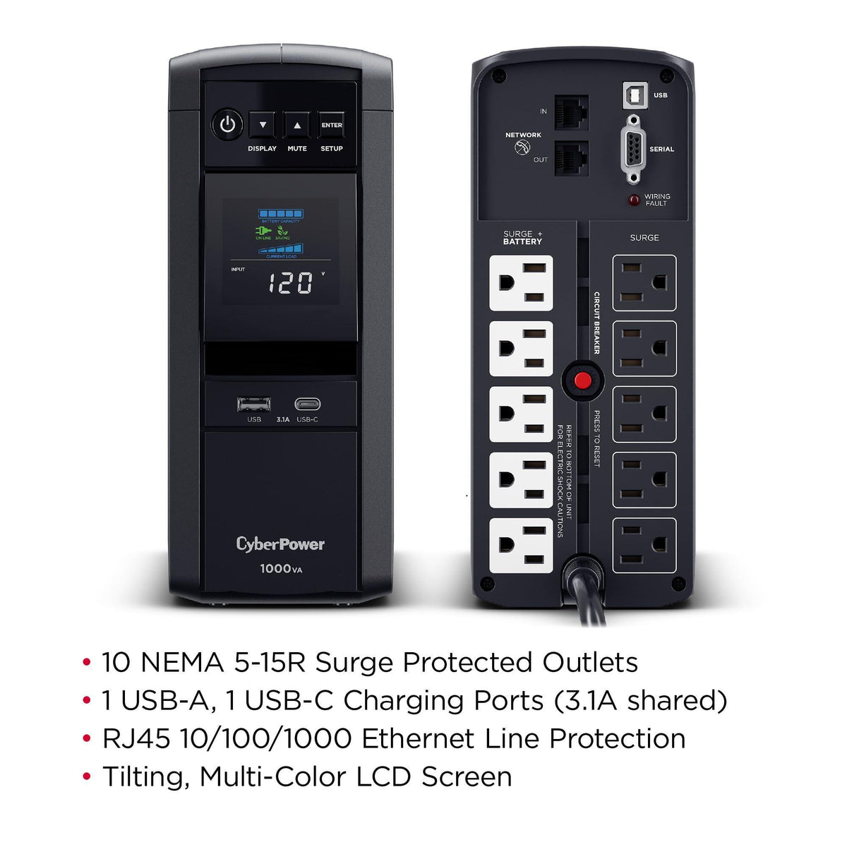 CyberPower CP1000PFCLCD PFC Sinewave UPS Battery Backup and Surge Protector, 1000VA/600W, 10 Outlets, AVR, Mini-Tower; UL Certified