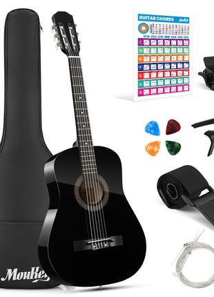 Moukey 38" Acoustic Guitar for Beginners Kids Youth Adult Dreadnought Guitarra Acustica Kit with Chord Poster, Gig Bag, Tuner, Picks, Nylon Strings, Capo, Strap - Black