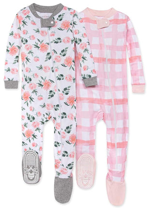 Burt's Bees Baby baby girls Pajamas, Zip Front Non-slip Footed Pjs, 100% Organic Cotton and Toddler Sleepers, Autumn Blooms 2-pk, 12 Months US