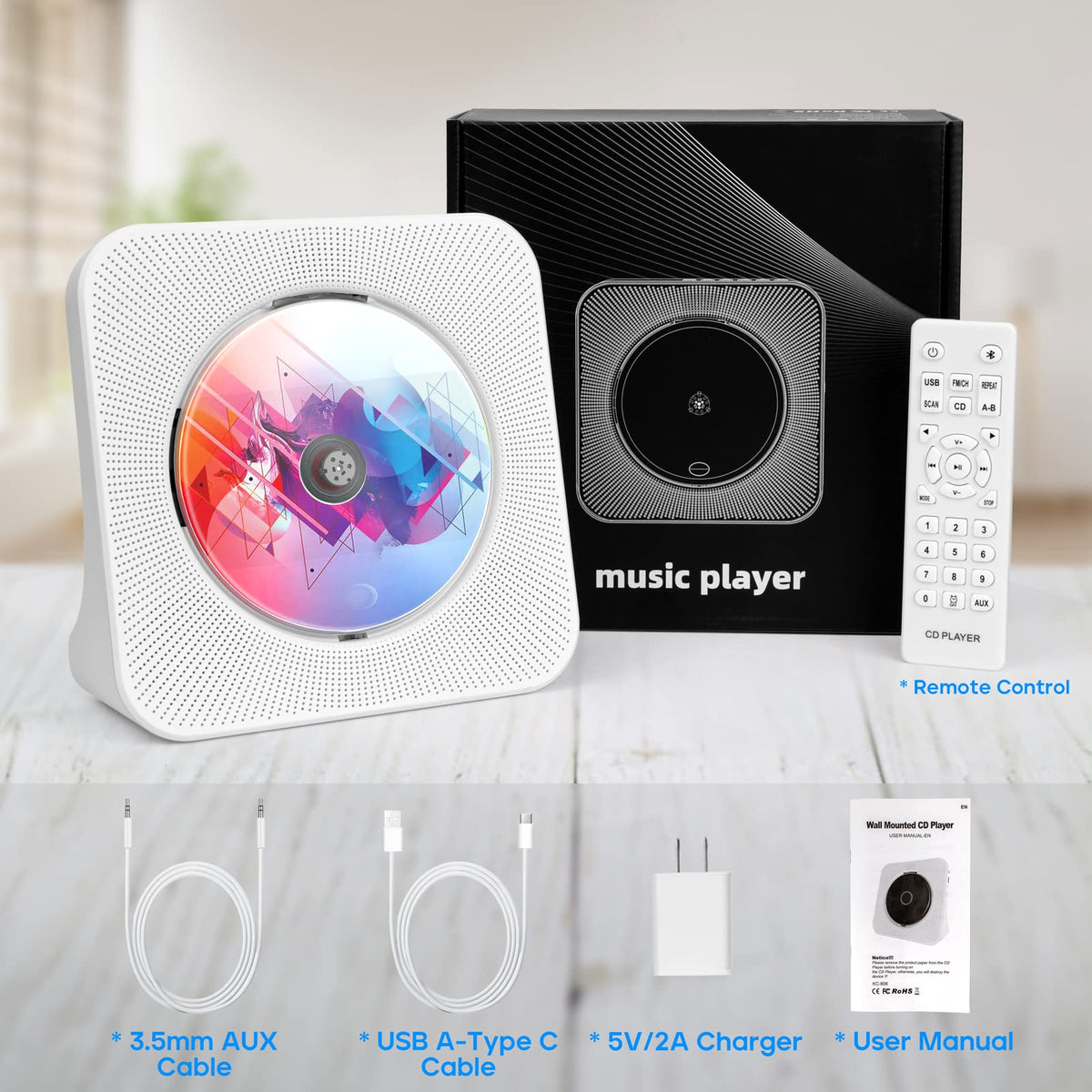 Portable CD Player with Speakers, ROADOM CD Players for Home, Bluetooth CD Player with Stereo Sound,Remote Control,Supports CD/Bluetooth/FM Radio/USB Drive/AUX/Timer/Repeat