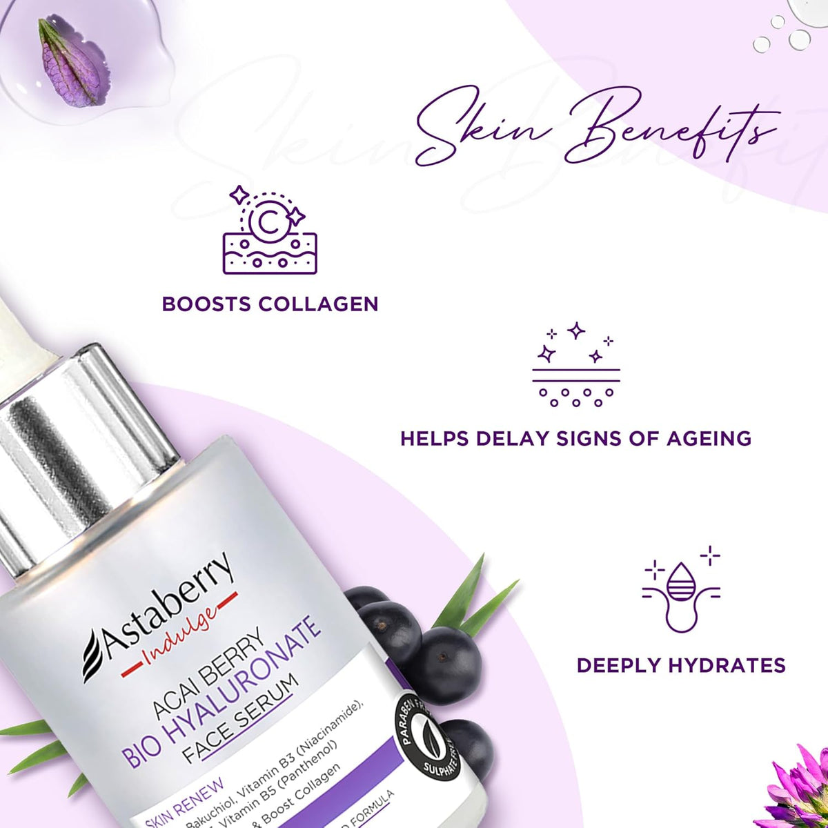 Astaberry Indulge Acai Berry Anti-Aging Face Serum with Niacinamide & Bakuchiol | For Glowing Skin, Hydration, Reduces Fine Lines & Wrinkles | Vitamin B3 & Vitamin E (30ml)