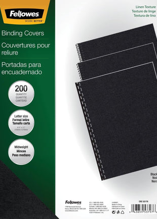 Fellowes Linen-Textured Binding Cover, Letter, Black, Pack of 200