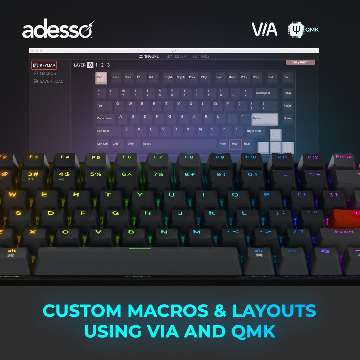 ADESSO EasyTouch 1000 Wired/Wireless/Bluetooth Multi-OS Illuminated Mechanical VIA Mini Keyboard with Copilot Ai Hotkey