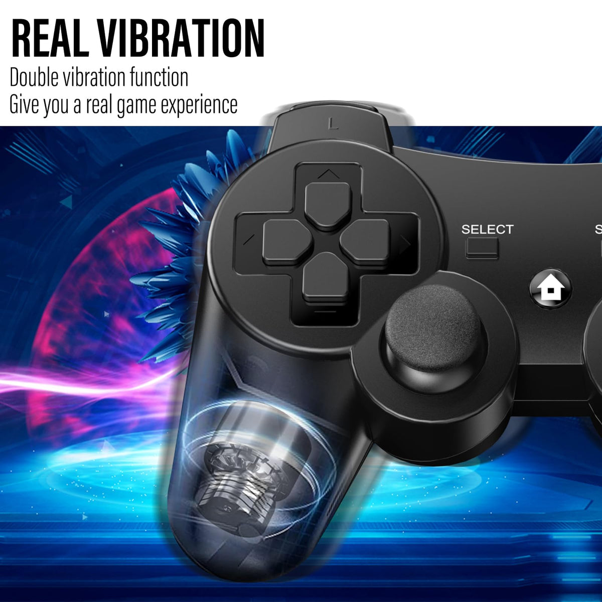 Diswoe Controllers for PS-3, Wireless PS-3 Controller 2 Pack, Bluetooth Gamepad Joystick, Double Vibrating Controller for Play_station 3 with 2 USB Charging Cables Thump Grips, Black