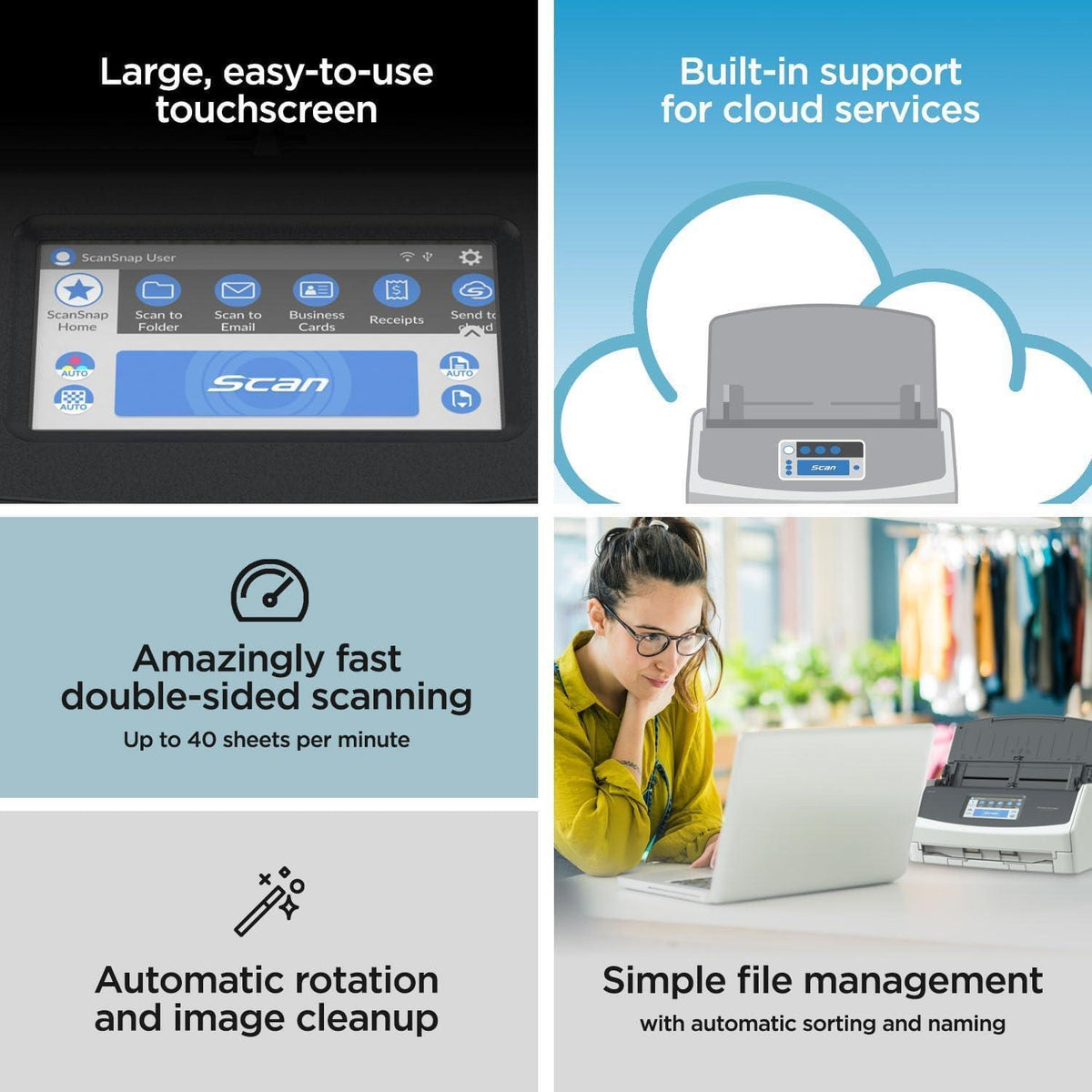 Fujitsu ScanSnap iX1600 Wireless Document, Photo & Receipt Scanner, Large Touchscreen, Cloud Enabled, Auto Color/Grayscale/Monochrome Detection, Fast Scans Up to 40 PPM, Black, (Renewed)