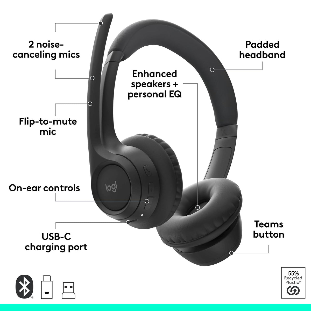 Logitech Zone 305 for Business, Wireless Bluetooth Headset with Microphone, for Microsoft Teams, Compatible with Windows, Mac, Chrome, Linux, iOS, iPadOS, Android