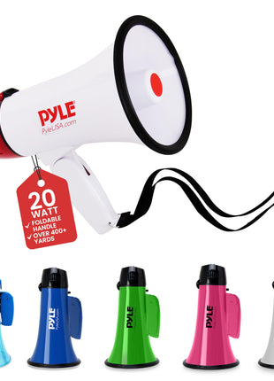 Pyle 20W Megaphone Bullhorn - 5.4'' x 8.6'' Portable Megaphone, Projection Range 1000 Sq. Yards, Voice Talking & Siren Alert, Shoulder Strap, Battery Operated, (White)