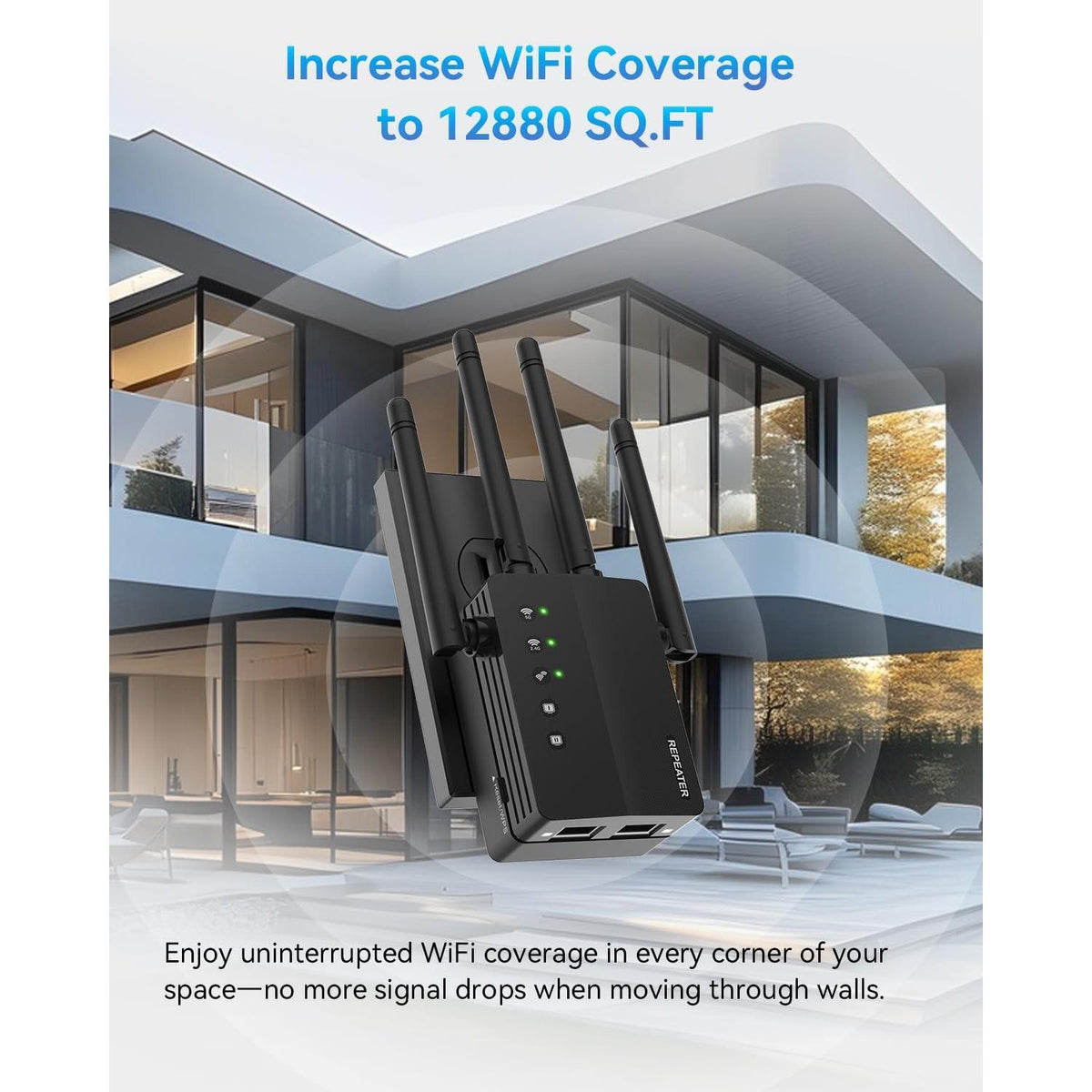 WiFi Extender Signal Booster, 12880 Sq.Ft Range, 105 Device Compatibility, Dual Band 5GHz/2.4GHz, 1200Mbps, WiFi Extender for Expanded Coverage