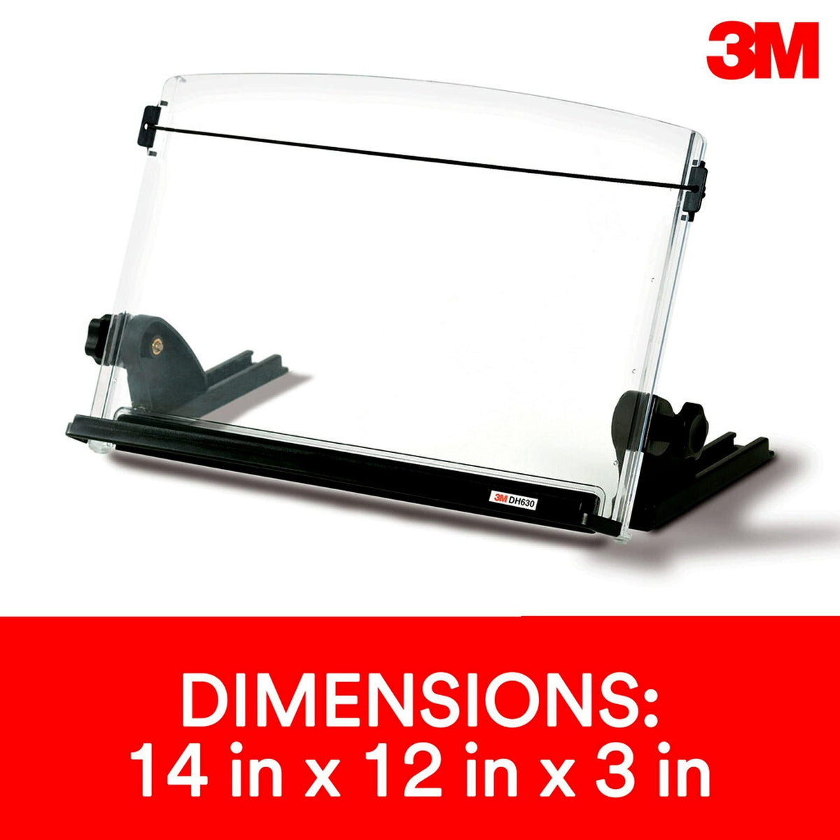 3M Adjustable Document Copy Holder, In-line with Monitor Minimizing Head and Neck Movement, 150 Sheet Capacity Holds Sheets to Books, Elastic Line Guide Keeps Pages Open, 14" Wide, Black (DH630) - Black/Clear