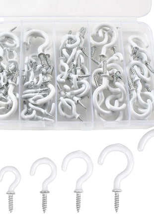 Romeda 90 Pcs White Ceiling Hooks kit, 6 Sizes Vinyl Coated Screw-in Plant, Kitchen, Cup, Ceiling Hooks for Hanging (1/2in, 5/8in,3/4in,7/8in,1'',1-1/4in)