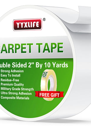 YYXLIFE Double Sided Carpet Tape for Area Rugs & Hardwood Floors, 2" x10YD | Removable Rug Tape, Residue-Free, Heavy Duty Adhesive, Non-Slip Anti-Curling Floor Tape for Mats, Carpets, Tile, White