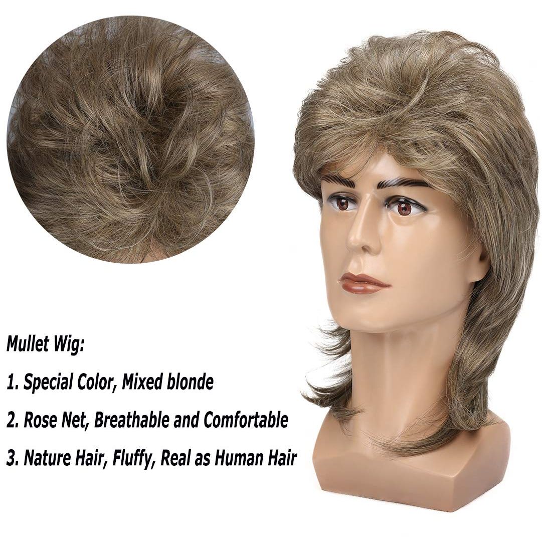 Kaneles Mullet Wigs for Men 80s Costumes Fancy Party Accessory Cosplay Halloween Hair Wig (Blonde)