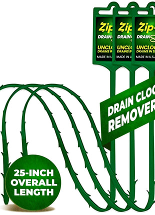 The original Zip-It Hair Clog Remover 25-inch Overall Length Drain Snake Cleaner (3-Pack), Unclog Your Sink, Shower, & Tub Drain In Seconds – Non-toxic, Made in the USA