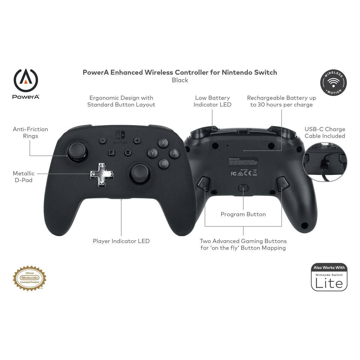 PowerA Enhanced Wireless Controller for Nintendo Switch / Switch 2 / Switch Lite / OLED Model - Black - Gamepad, game controller, Officially Licensed