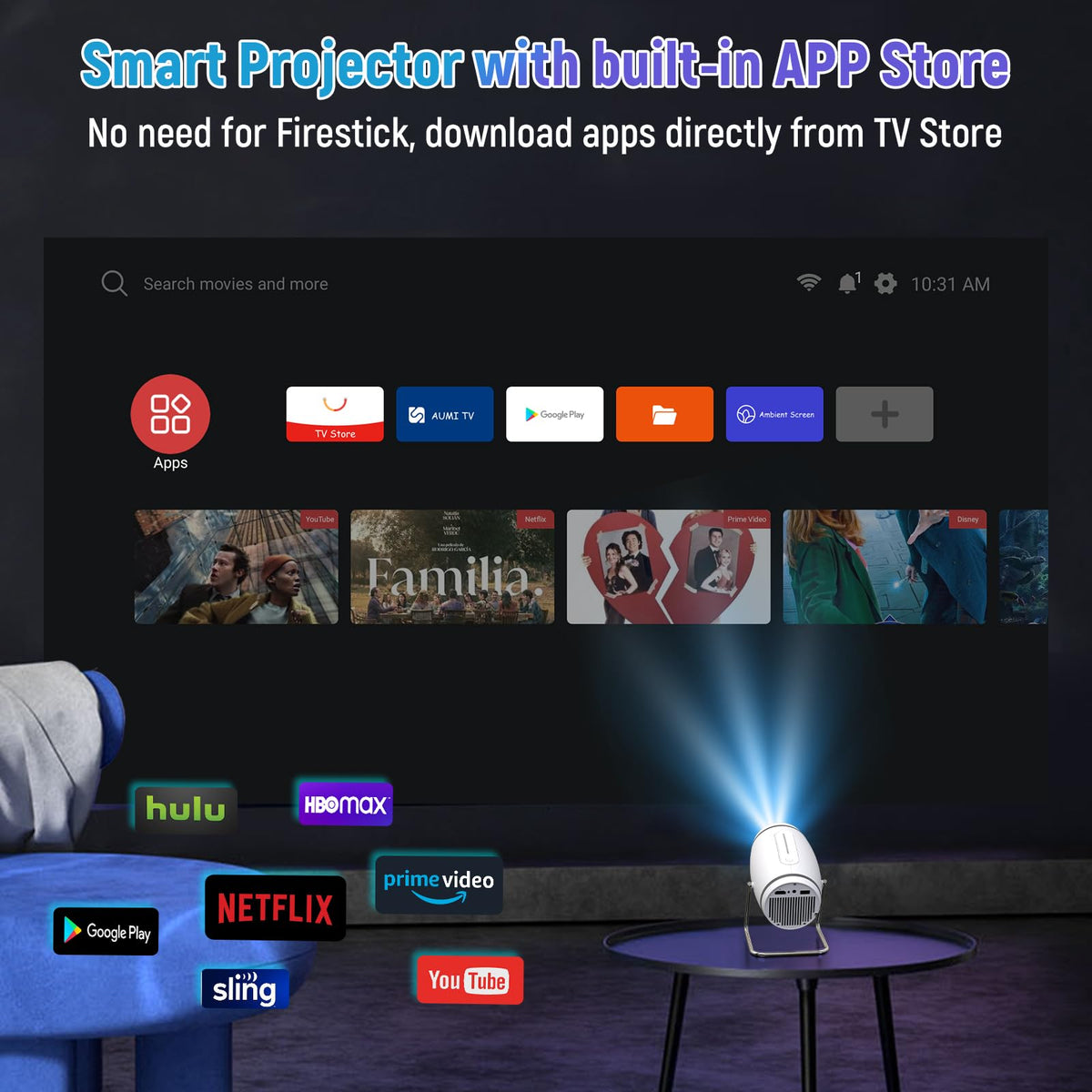 FEARWIKY Mini Portable Movie Projector with WiFi and Bluetooth, 4K 1080P Support, 180° Rotatable 130'' Screen, Auto Keystone Compatible with HDMI/USB/Smartphone/PC/Laptop