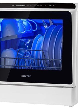 NOVETE Portable Countertop Dishwashers, Compact Dishwashers with 5L Built-in Water Tank & Inlet Hose, 5 Washing Programs, Baby Care, Air-Dry Function and LED Light for Small Apartments