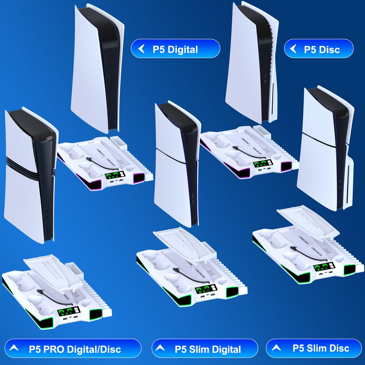 LIFUFUTEE PS5 Stand, PS5/Slim/Pro Cooling Station with 2.36in Cooling Fan, Controller Charger Station for PS5 Accessories, Light, Headset Holder, 3 Charger Ports for PlayStation 5 Slim/Pro Console