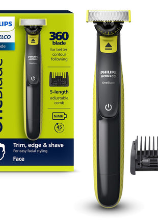 Philips Norelco OneBlade 360 Hybrid Face Trimmer and Shaver, 5 Length Comb | 360 Blade Technology, 5-length Comb, 100% Showerproof, Stainless Steel Blade Lasts up to 4 months, 45-Min Runtime, QP2724/90