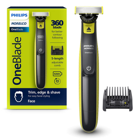 Philips Norelco OneBlade 360 Hybrid Face Trimmer and Shaver, 5 Length Comb | 360 Blade Technology, 5-length Comb, 100% Showerproof, Stainless Steel Blade Lasts up to 4 months, 45-Min Runtime, QP2724/90