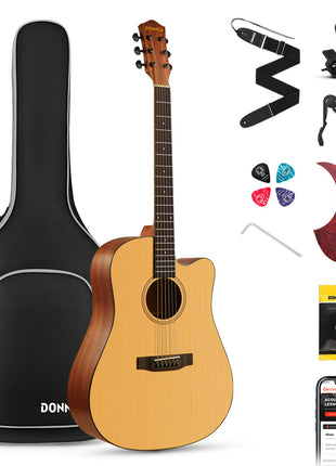 Donner 41 Acoustic Guitar Bundle for Beginners Adults with Online Lesson, 4/4 Full Size Steel Acustica Guitarra with Gig Bag, Tuner, Strap, Strings, Picks, Capos, Cutaway, Natural, DAG 1C/DAD 110C