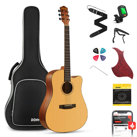 Donner 41 Acoustic Guitar Bundle for Beginners Adults with Online Lesson, 4/4 Full Size Steel Acustica Guitarra with Gig Bag, Tuner, Strap, Strings, Picks, Capos, Cutaway, Natural, DAG 1C/DAD 110C