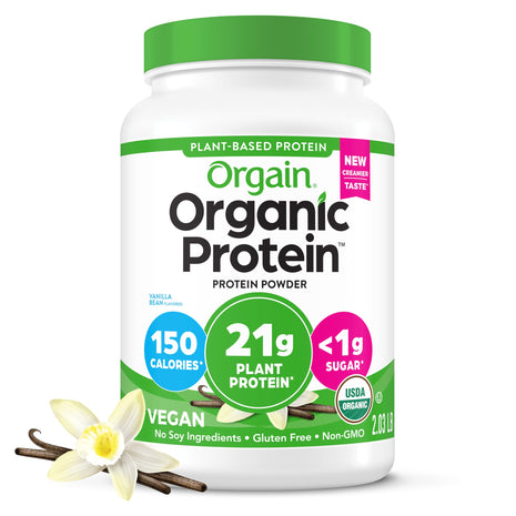 Orgain Organic Vegan Protein Powder, Vanilla Bean   21g Plant Protein, 4g Prebiotic Fiber, No Lactose Ingredients, No Added Sugar, Non GMO, For Shakes & Smoothies, 2.03 lb (Packaging May Vary)